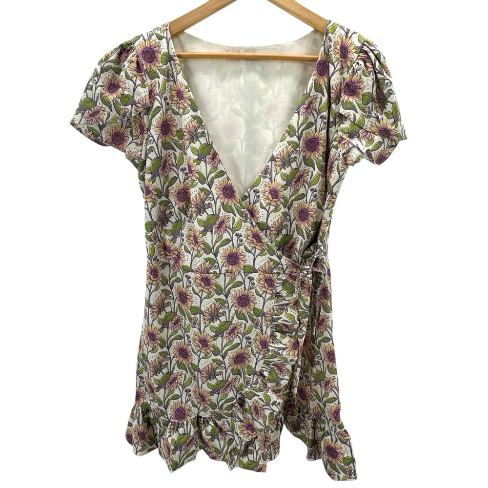 Floral Wrap Mini Dress Ruffle Hem Short Puff Sleeve Sunflower Print Boho‎ M